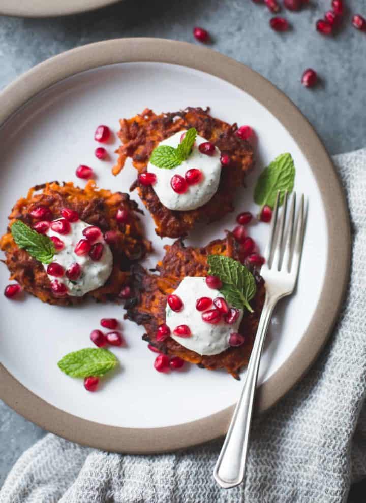 harissa sweet potato latkes with spiced yogurt, mint and pomegranate {gluten-free}