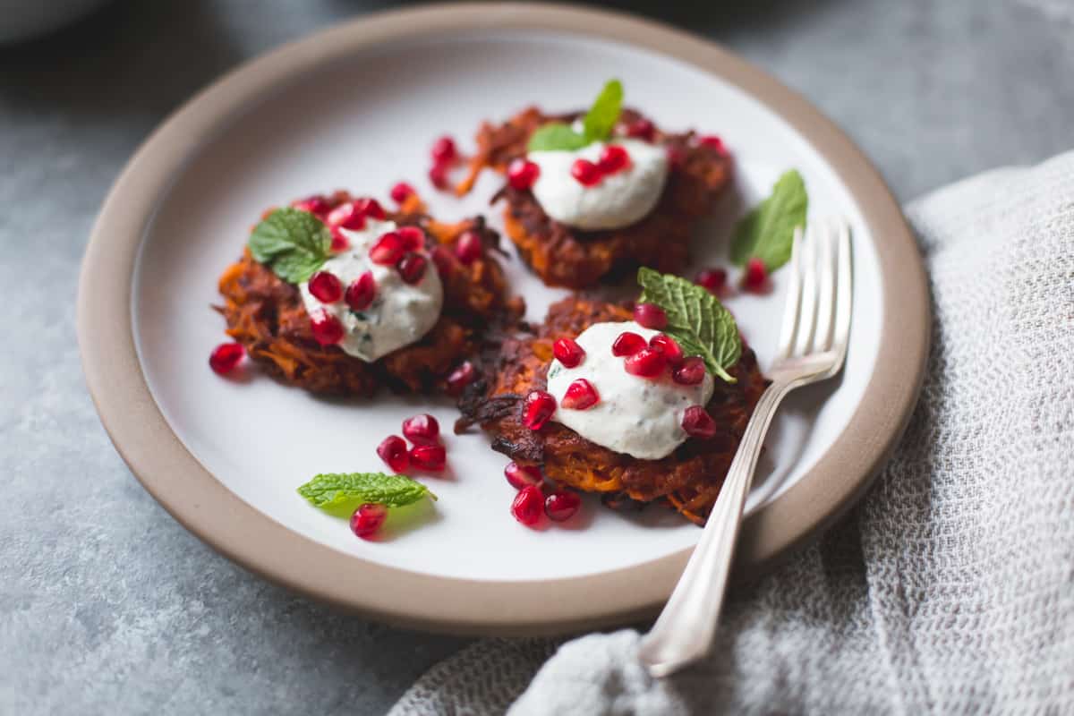 3 Harissa Sweet Potato Latkes with Spiced Yogurt, Mint and Pomegranate {gluten-free}