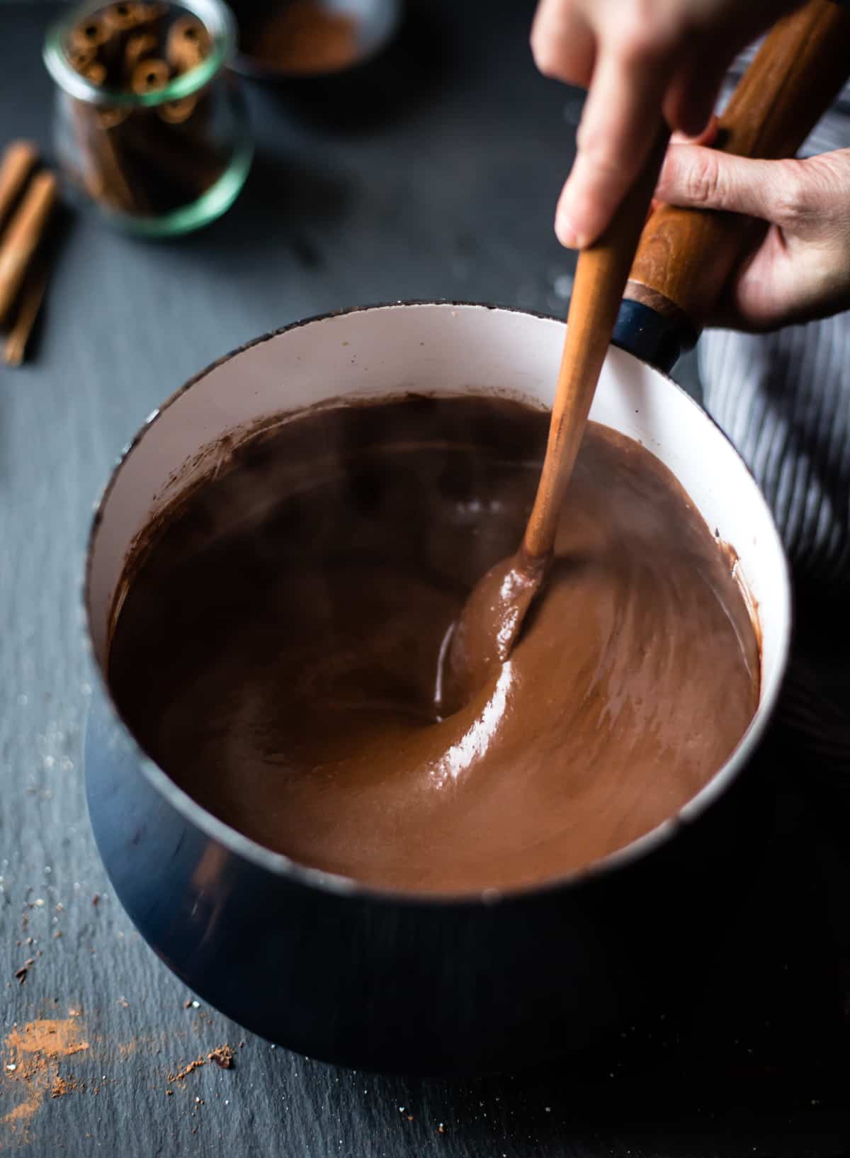 Vegan Champurrado {Mexican Hot Chocolate Atole} being stirred 