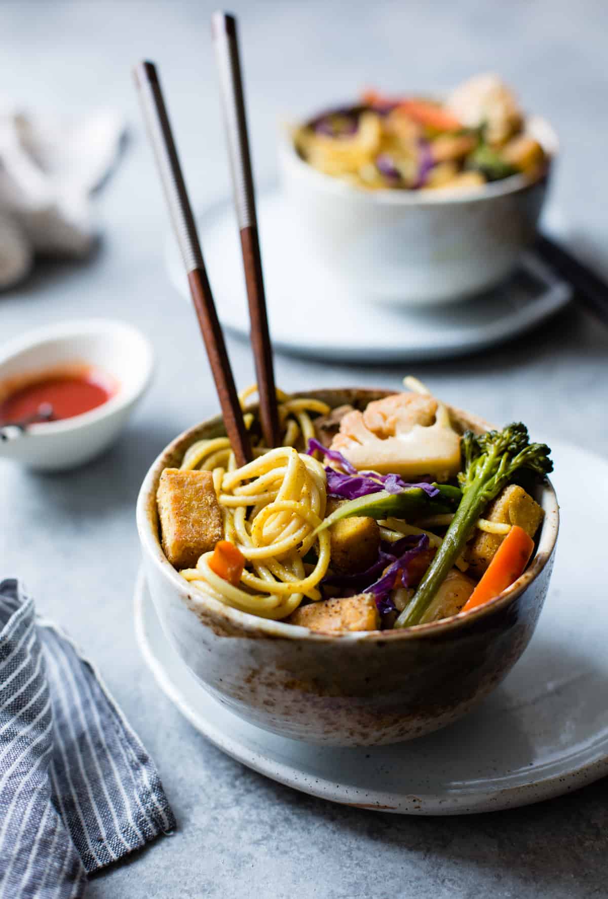 Curried Noodles with Crispy Tofu & Winter Vegetables {gluten-free & vegan} with chopsticks 