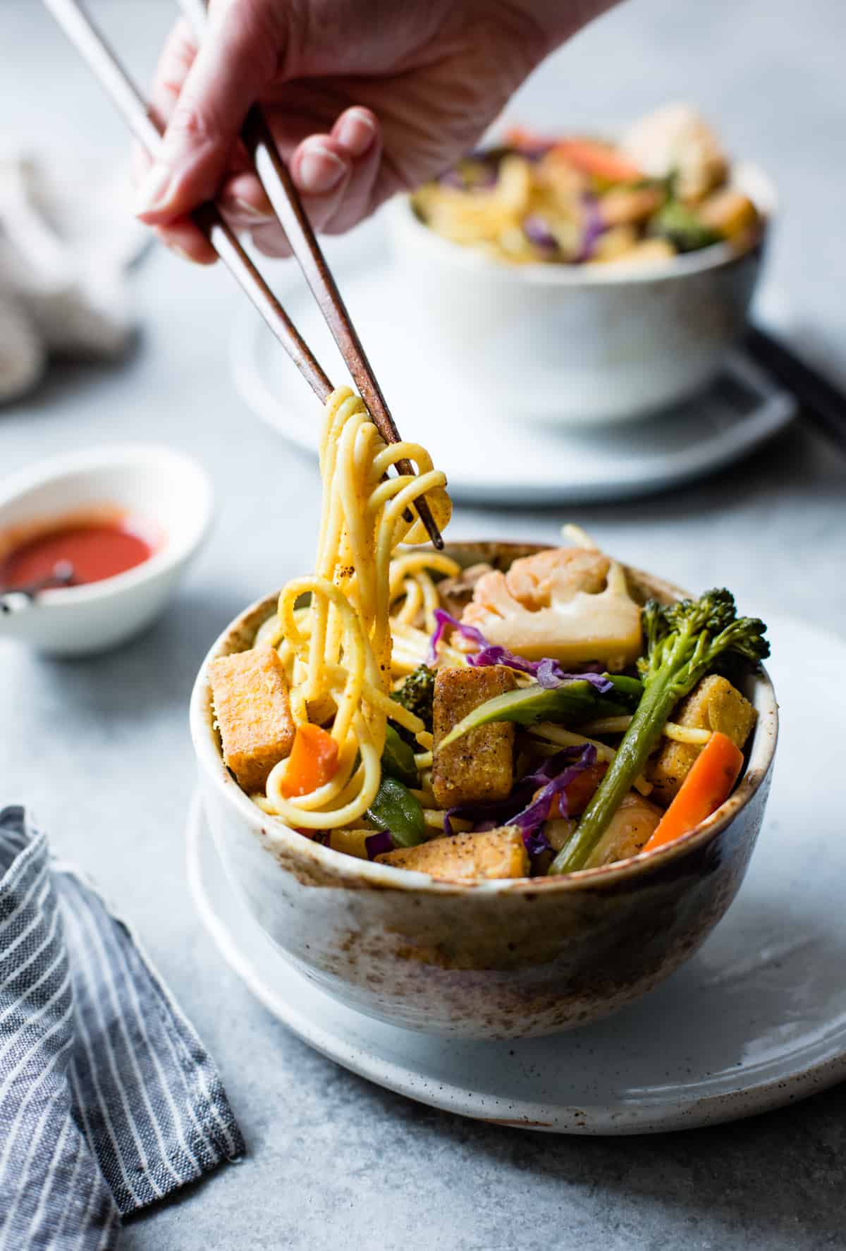 Curried Noodles with Crispy Tofu & Winter Vegetables {gluten-free & vegan} in bowl 