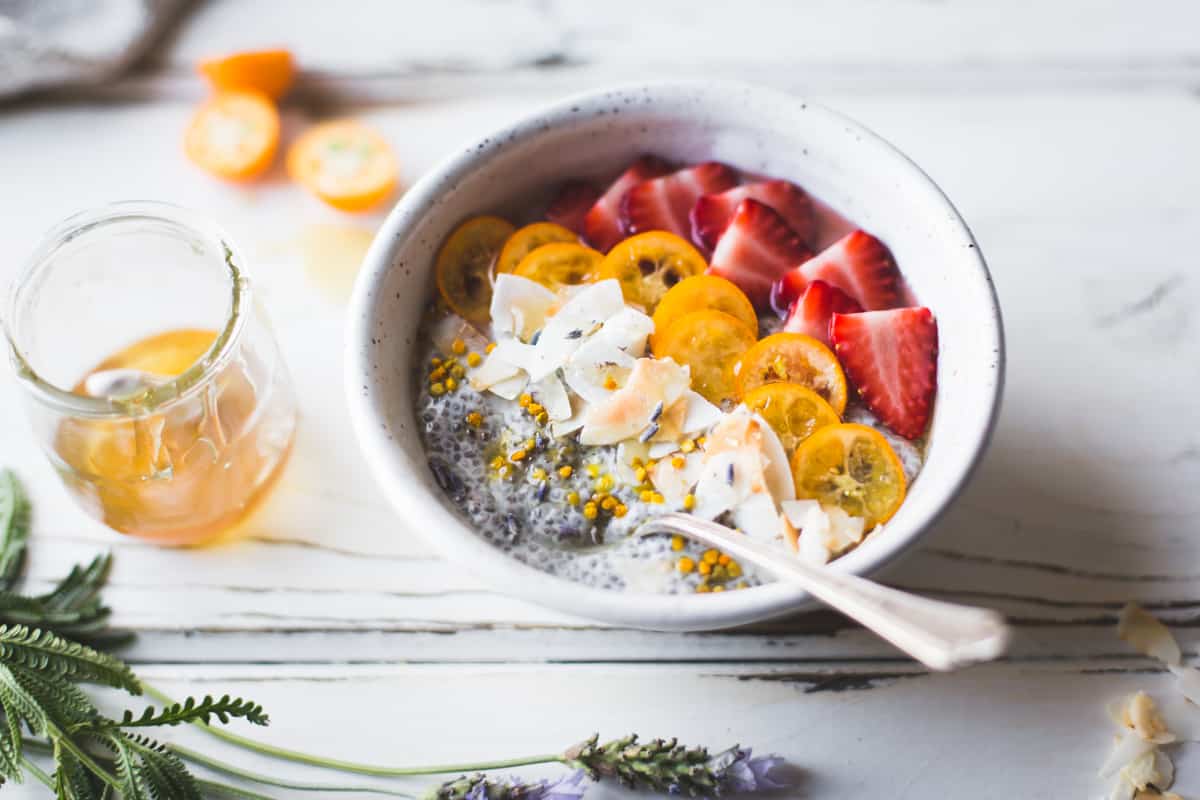 lovely bowl of Chia Pudding Breakfast Bowls with Kumquats, Berries & Lavender Honey {gluten-free, dairy-free}