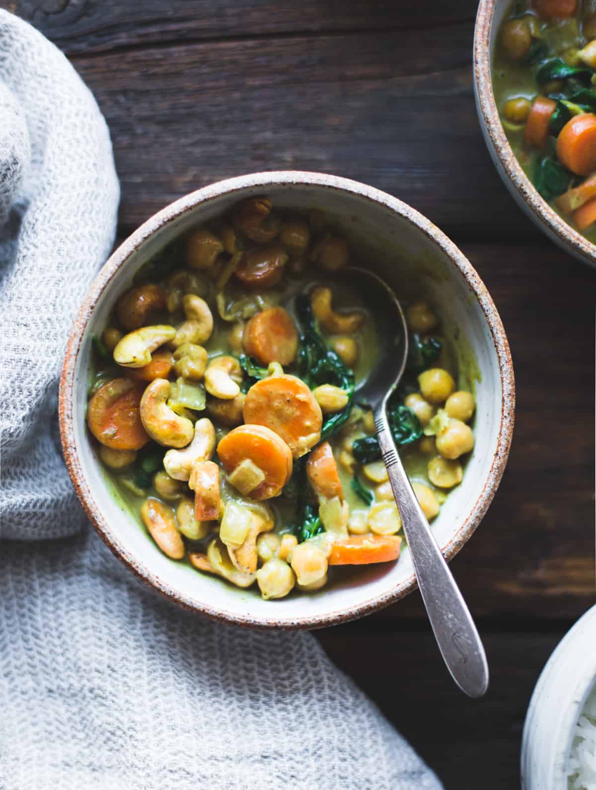 top down shot of bowl of Coconut Curried Chickpeas with Carrots & Cashews {gluten-free, vegan}