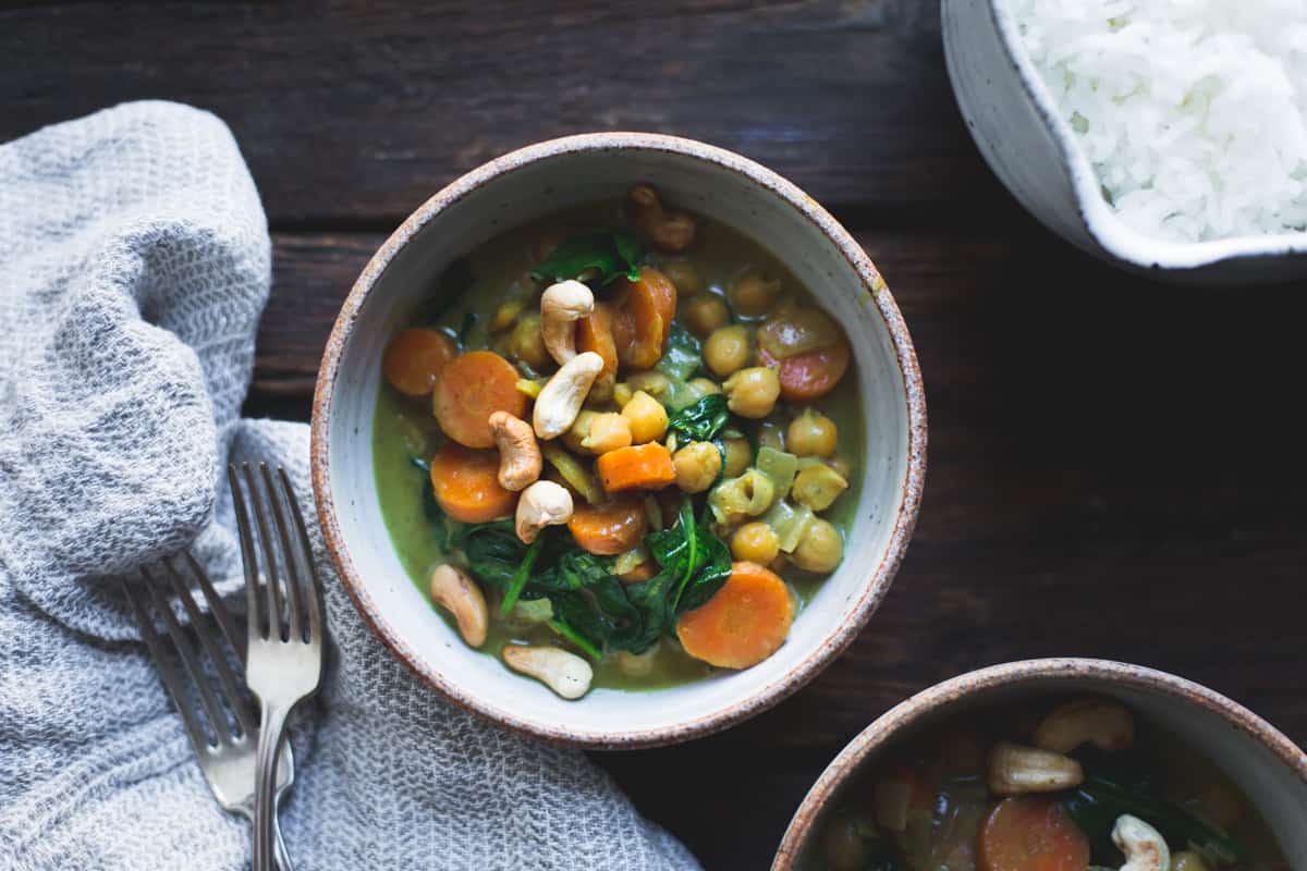 bowl of delicious Coconut Curried Chickpeas with Carrots & Cashews {gluten-free, vegan}