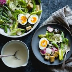 spring greens salad with fennel, radish, and miso-buttermilk dressing