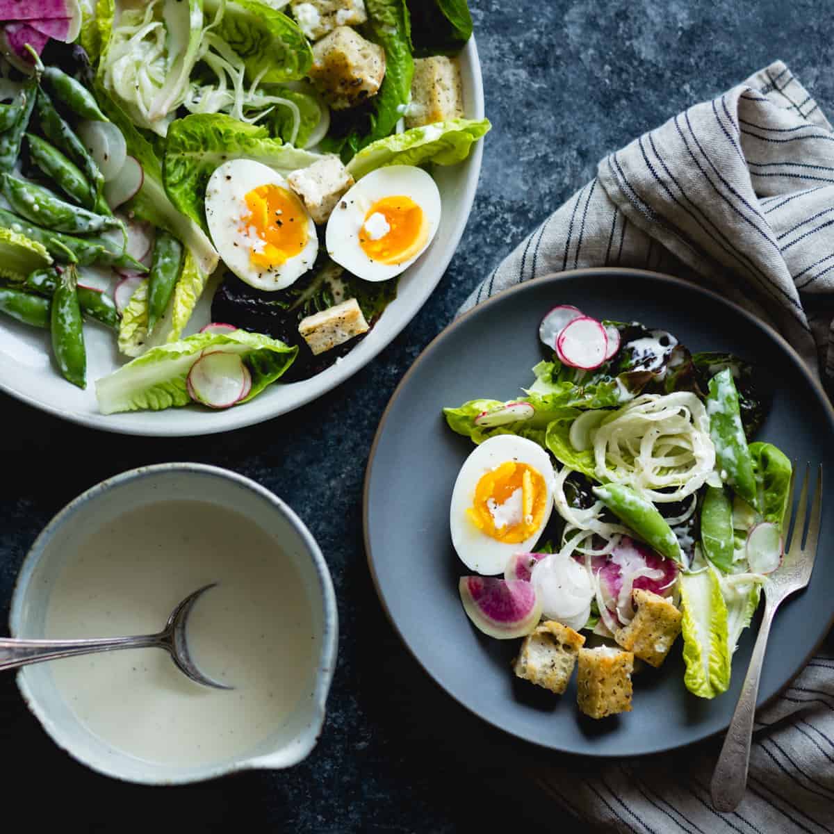 fresh spring greens salad with fennel, radish, and miso-buttermilk dressing