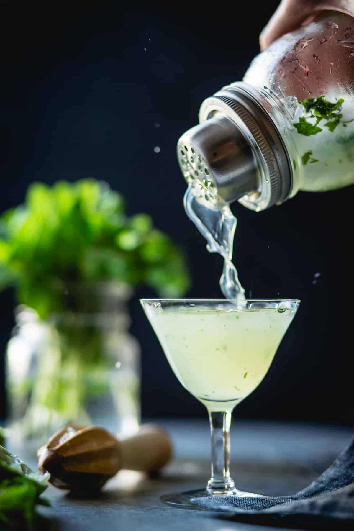 Verdant Lady {Chartreuse, Gin & Mint Cocktail} being poured 