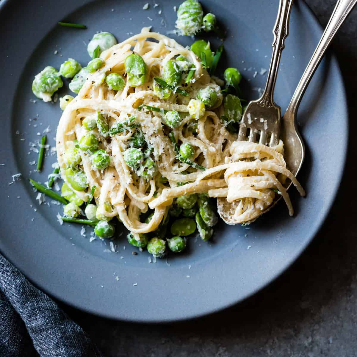 Creamy Cashew-Miso Pasta with Peas and Fava Beans {gluten-free
