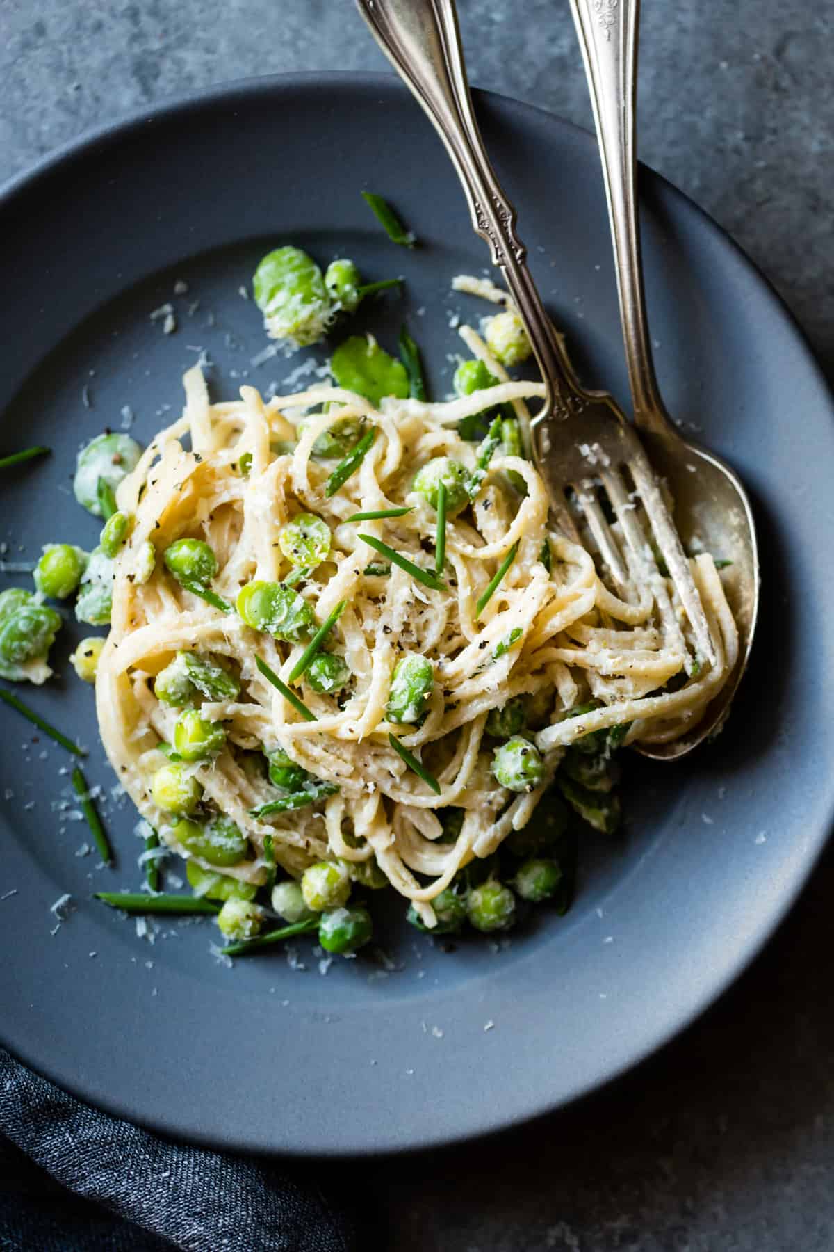 Creamy Cashew-Miso Pasta with Peas and Fava Beans {gluten-free, vegan option} on plate 