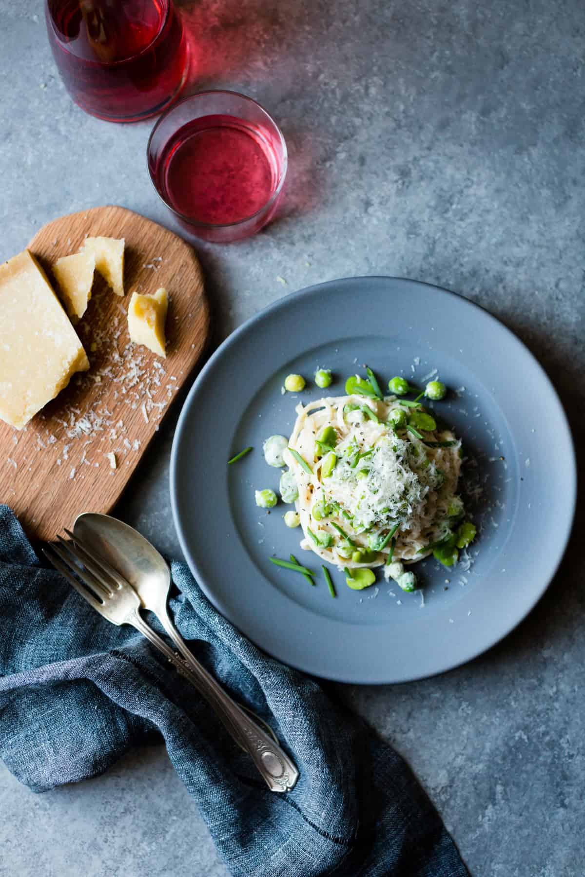 top down shot of Creamy Cashew-Miso Pasta with Peas and Fava Beans {gluten-free, vegan option}
