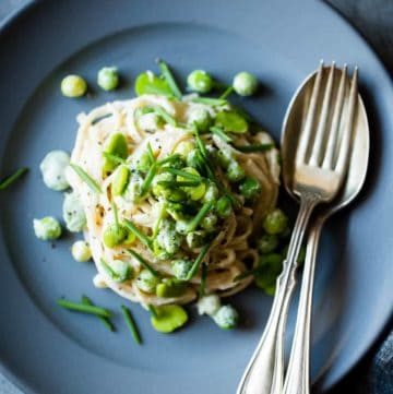 Creamy Cashew-Miso Pasta with Peas and Fava Beans {gluten-free, vegan option}