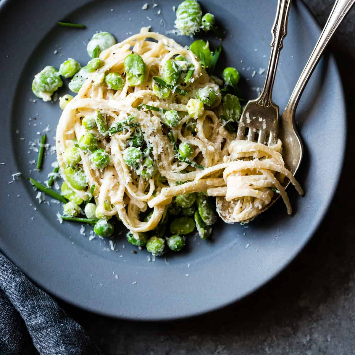 delicious Creamy Cashew-Miso Pasta with Peas and Fava Beans {gluten-free, vegan option}