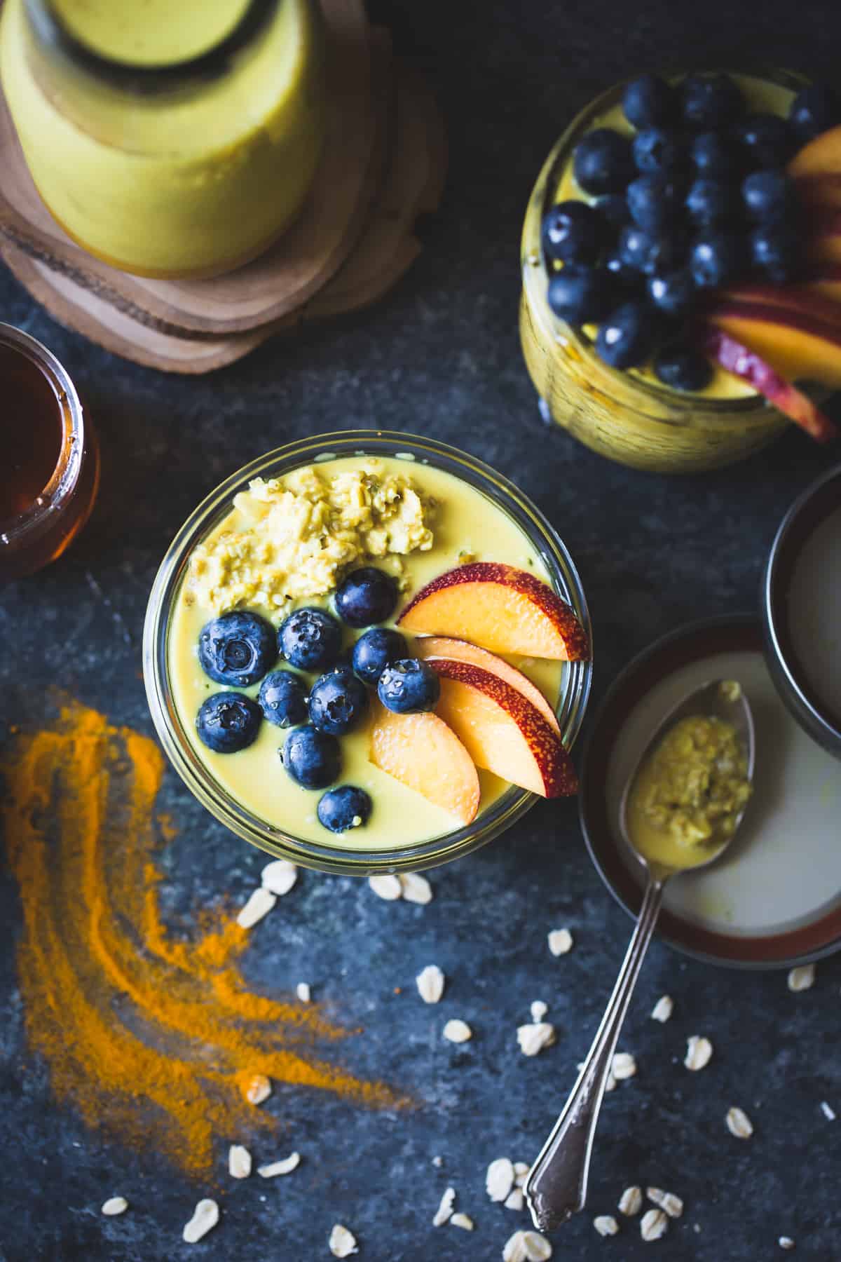 close up of Golden Milk Overnight Oats with Turmeric, Spices, and Honey {gluten-free, vegan}
