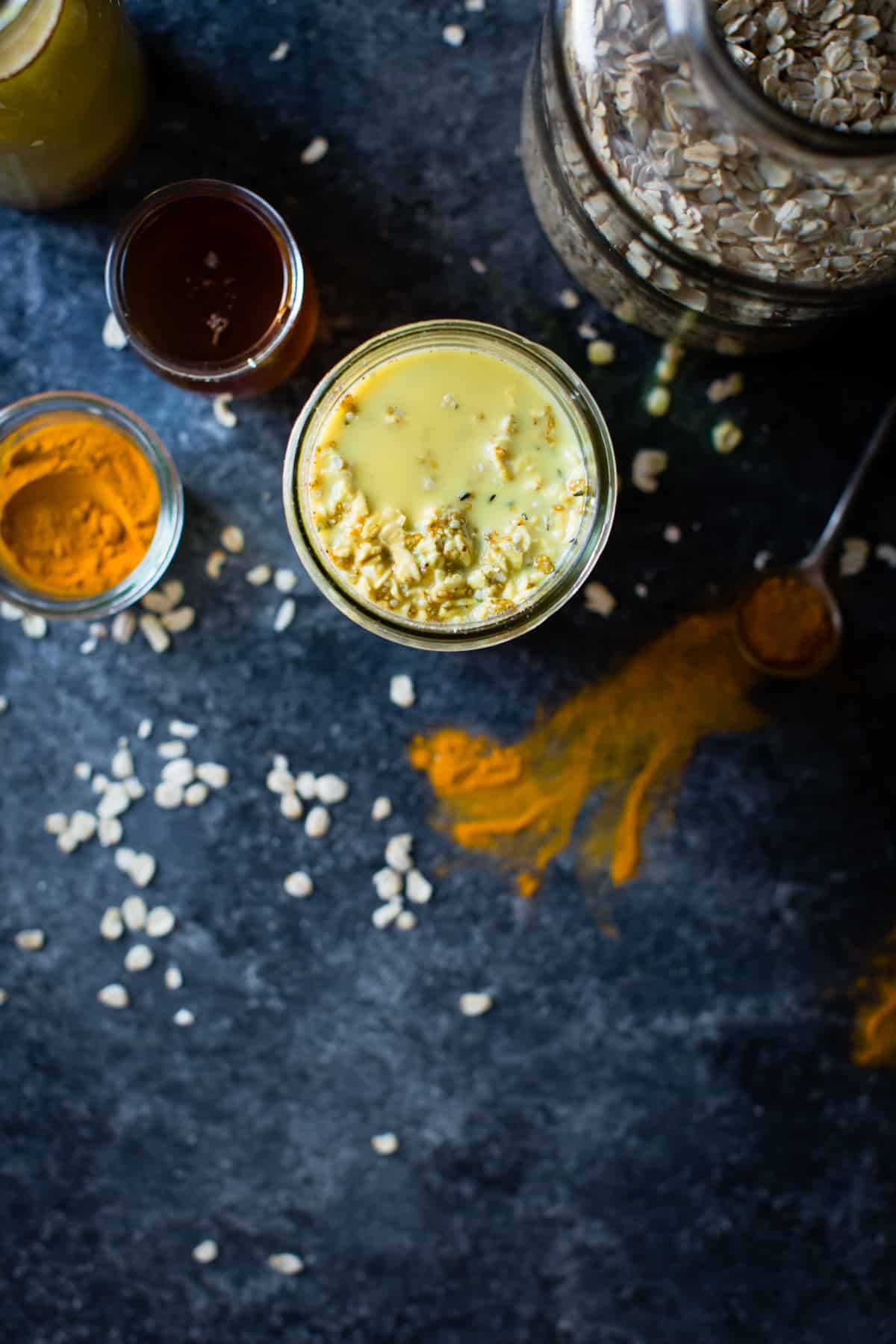 overhead shot of Golden Milk Overnight Oats with Turmeric, Spices, and Honey {gluten-free, vegan}