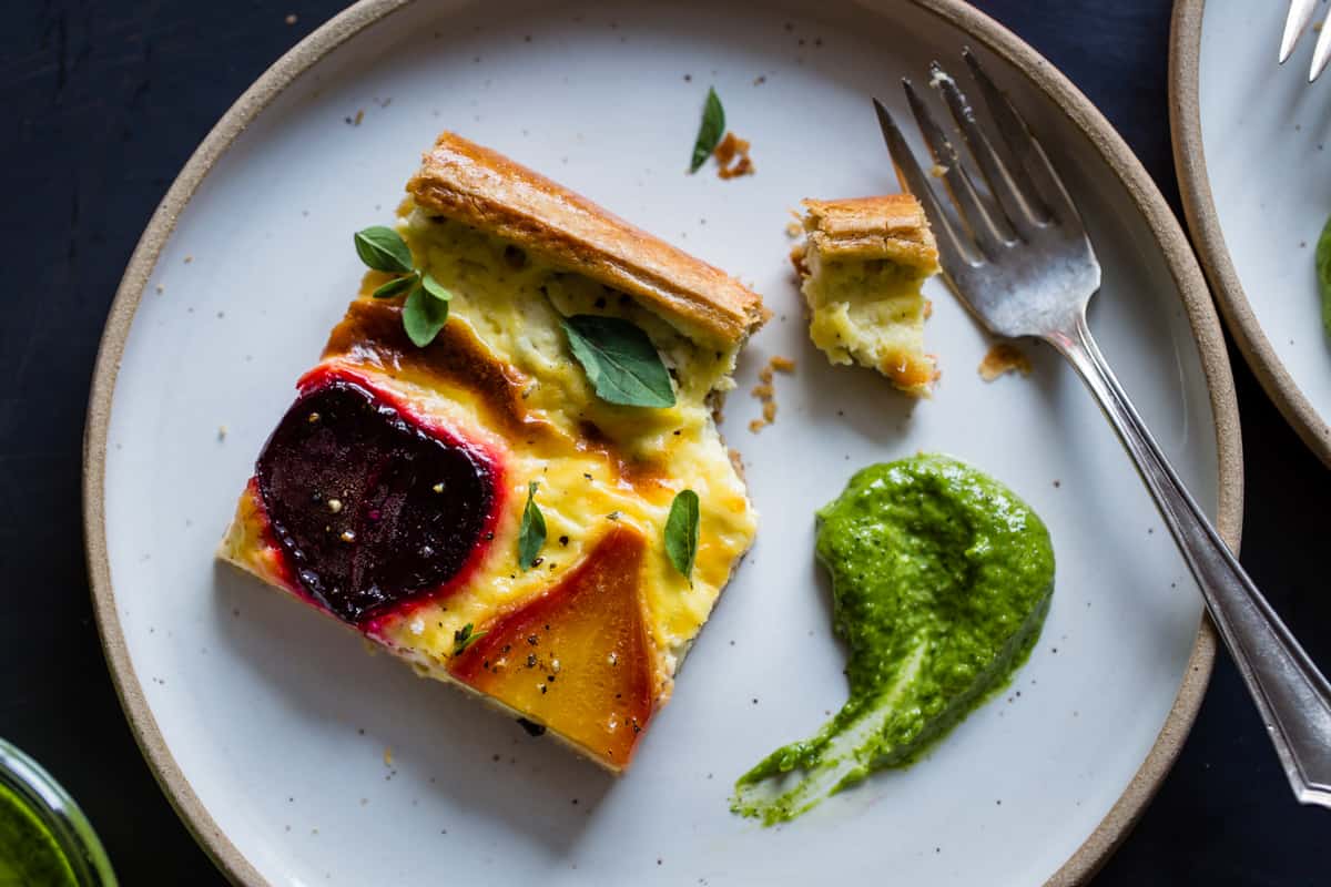 slice of Ricotta Beet Tart with Beet Green Pesto 