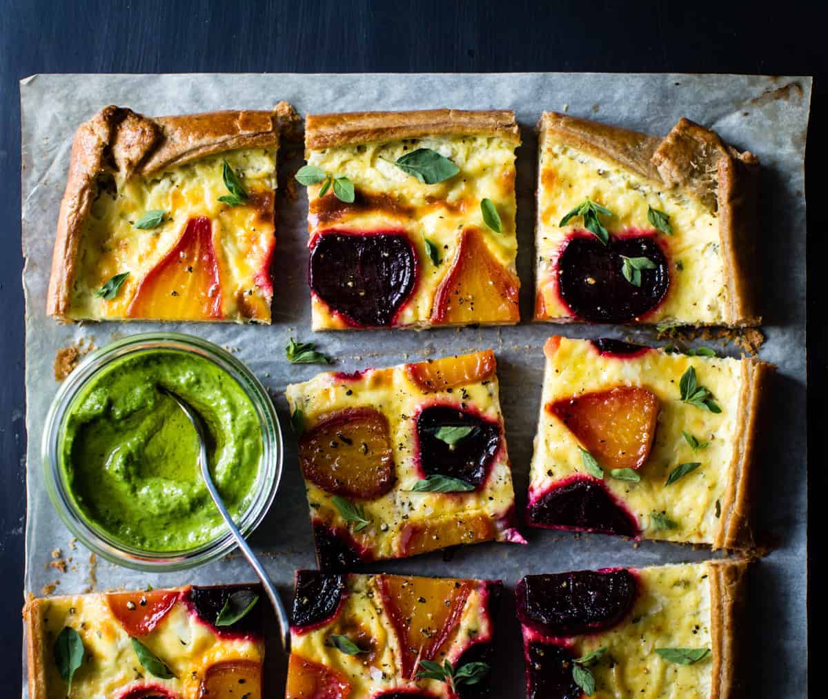 delicious Ricotta Beet Tart with Beet Green Pesto