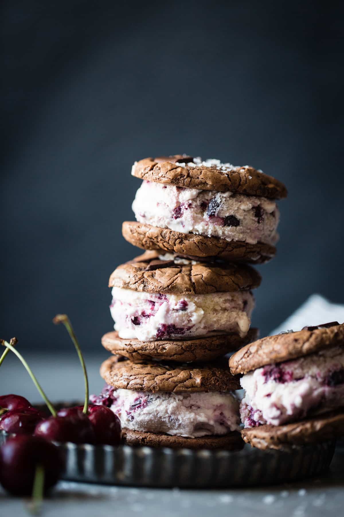 stacked Roasted Cherry Ice Cream Sandwiches with Salted Double Chocolate Buckwheat Cookies {gluten-free}