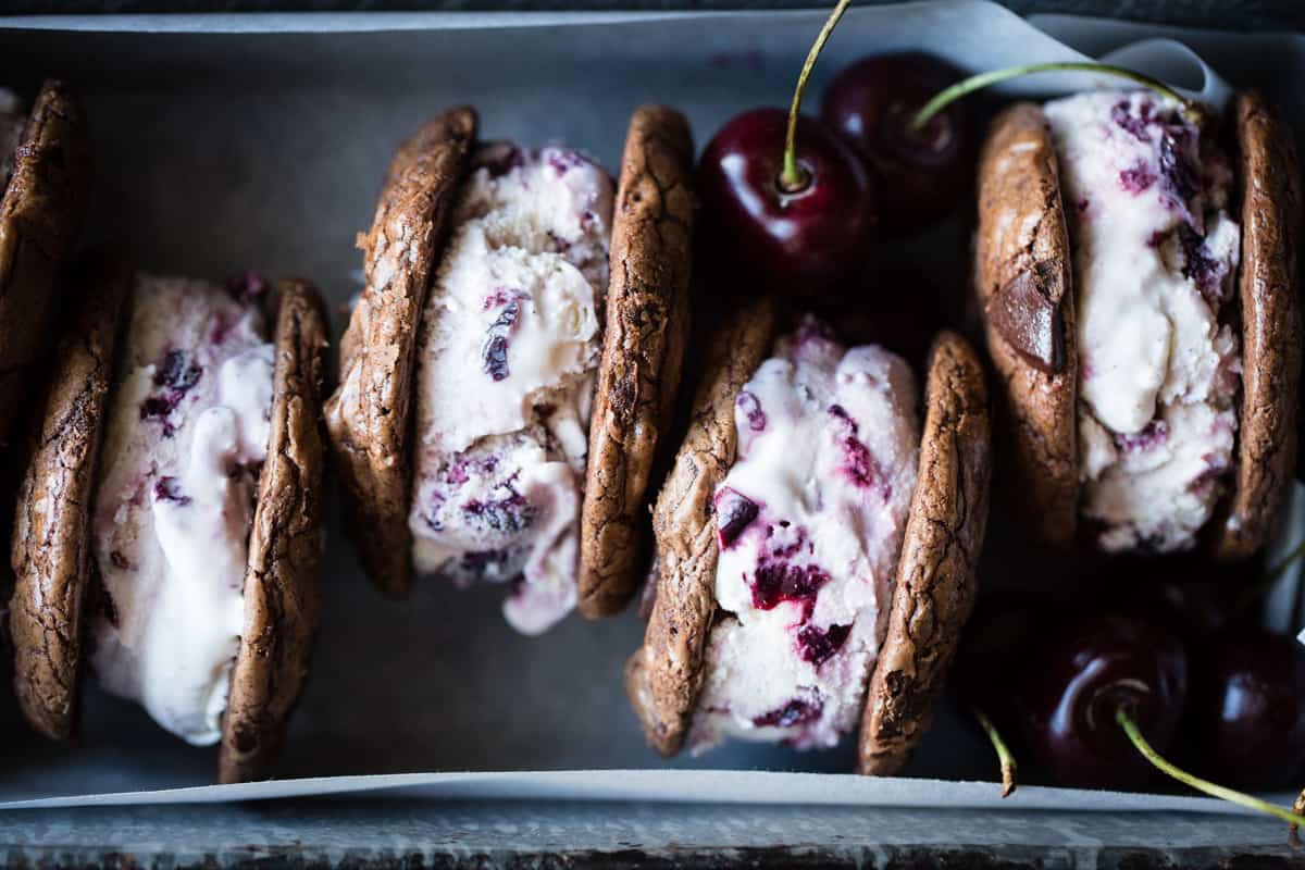 4 Roasted Cherry Ice Cream Sandwiches with Salted Double Chocolate Buckwheat Cookies {gluten-free}
