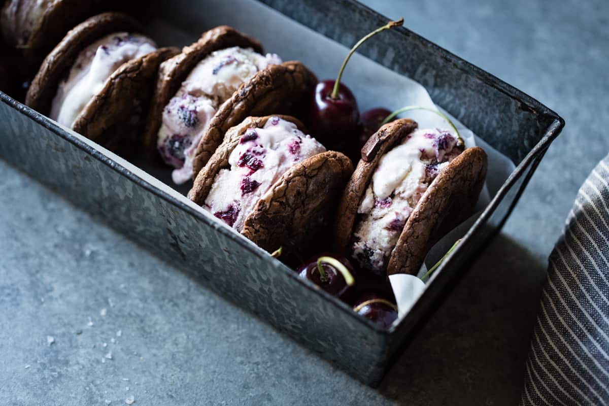 Roasted Cherry Ice Cream Sandwiches with Salted Double Chocolate Buckwheat Cookies {gluten-free} in tin 