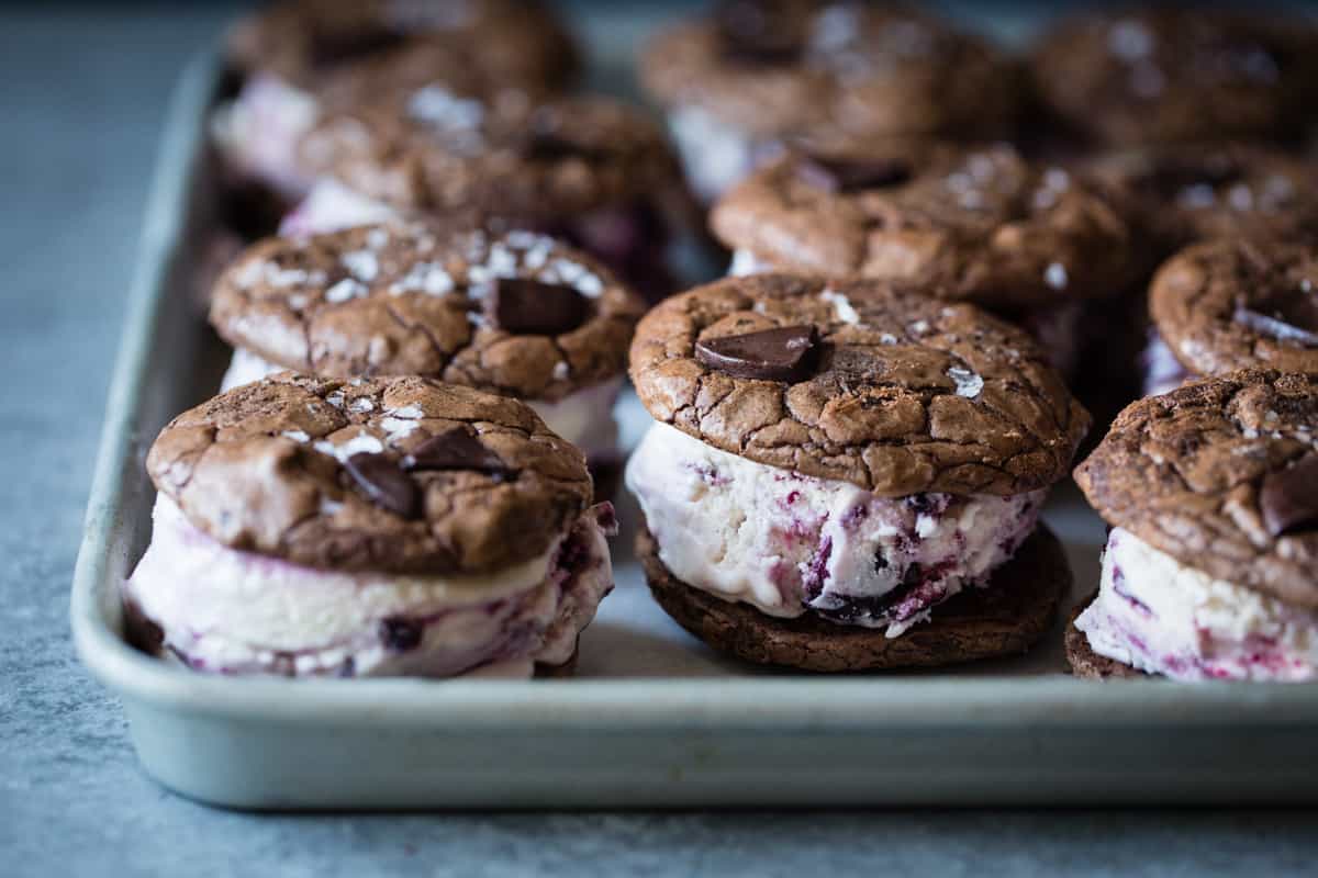 tray of Roasted Cherry Ice Cream Sandwiches with Salted Double Chocolate Buckwheat Cookies {gluten-free}