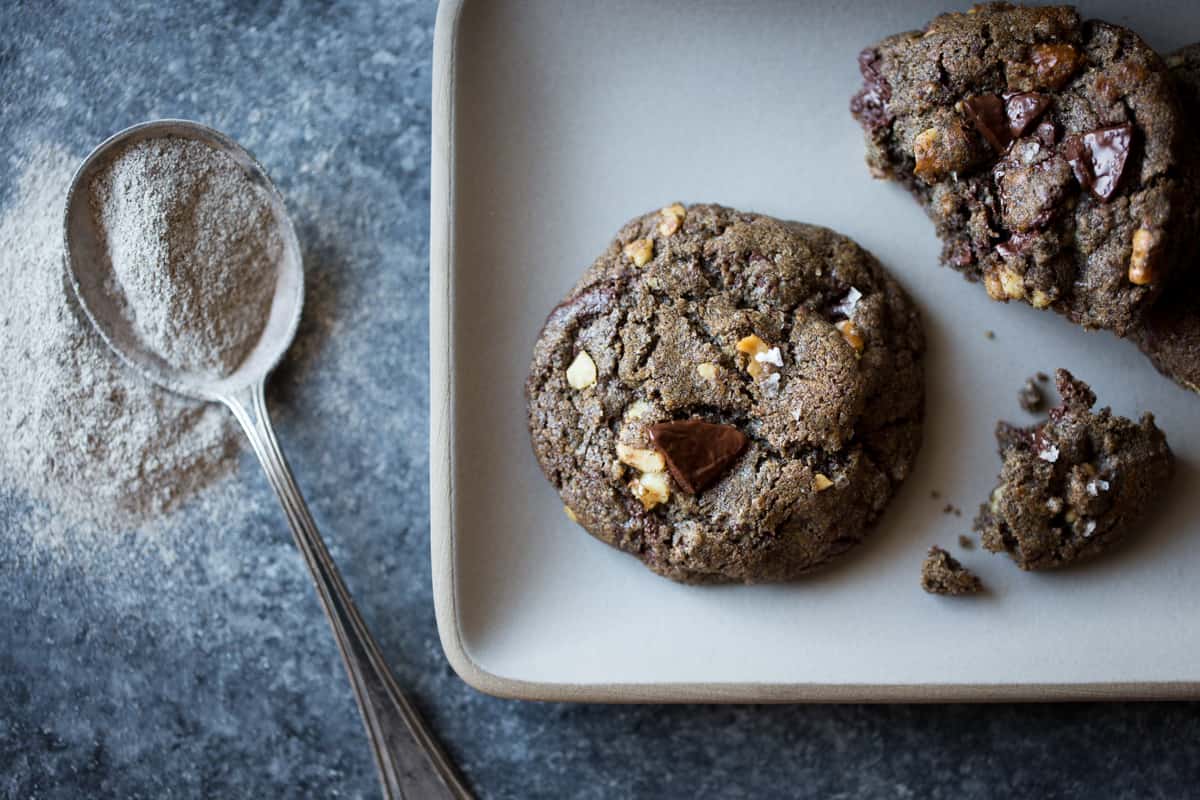 Gluten-Free Chocolate Chip Cookies Four Ways: Oat, Teff, Buckwheat, Mesquite on tray 