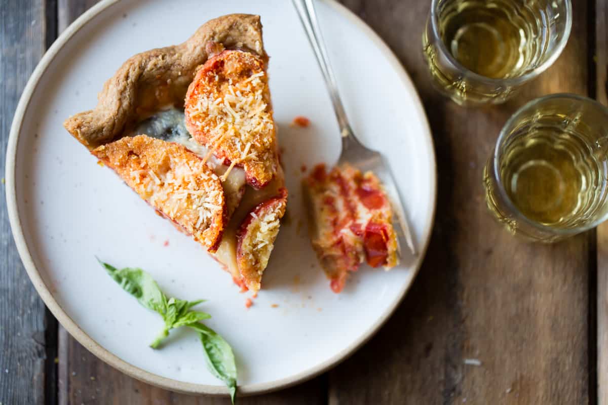 slice of Tomato Pie with Basil, Parmesan + Cornmeal {gluten-free}