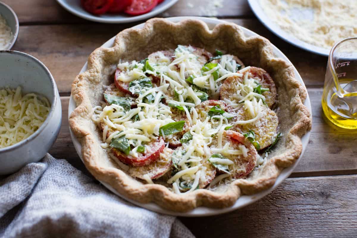 Tomato Pie with Basil, Parmesan + Cornmeal {gluten-free} before cooking 