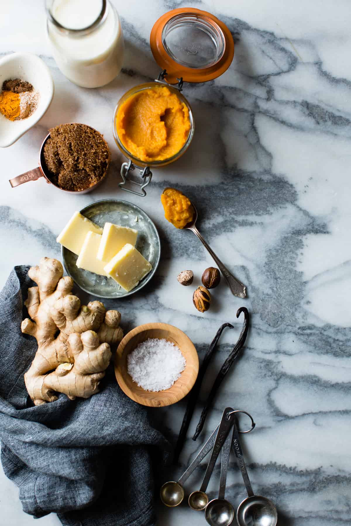 Ingredients for pumpkin pudding on table 