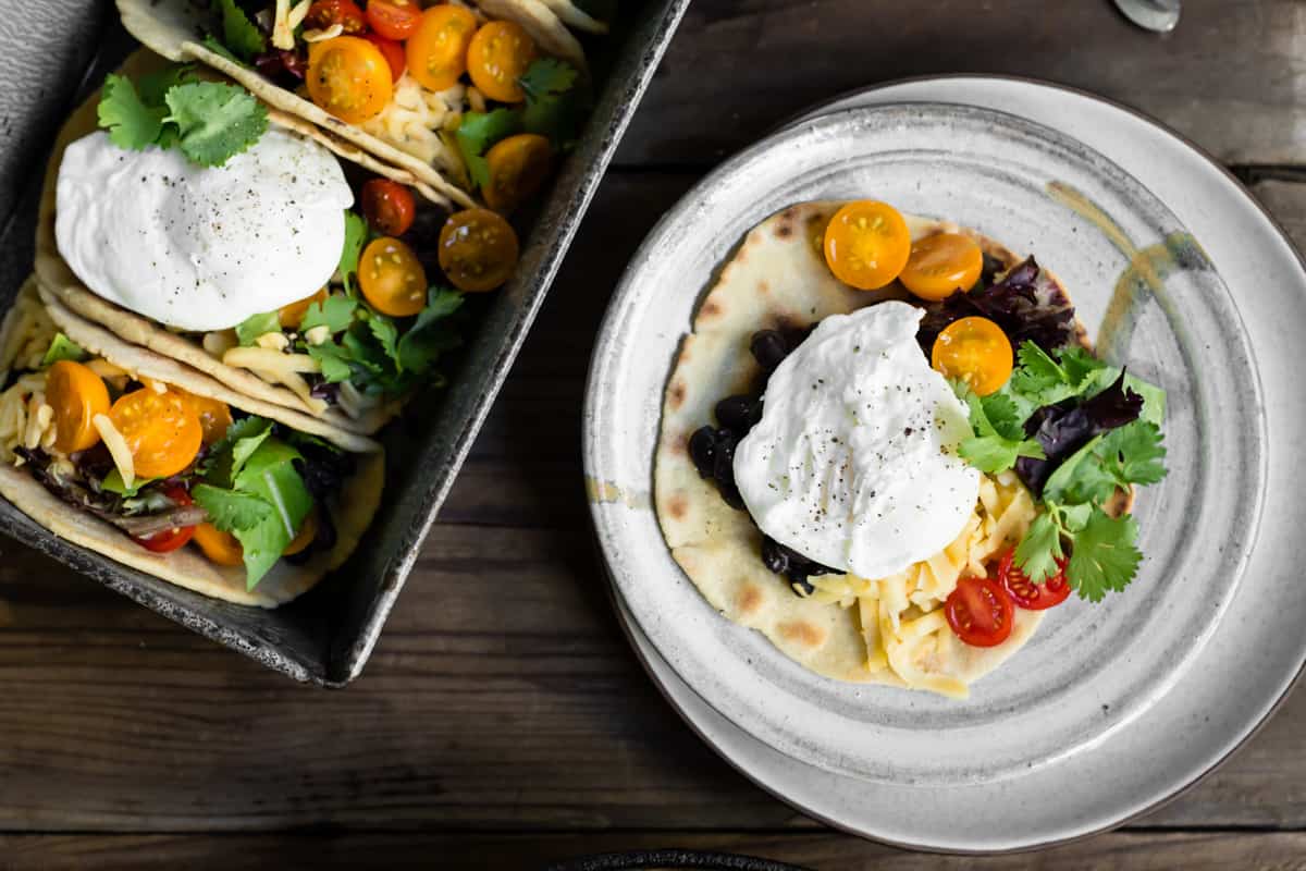 top down shot of Gluten-Free Amaranth Tortillas + Vegetarian Breakfast Tacos