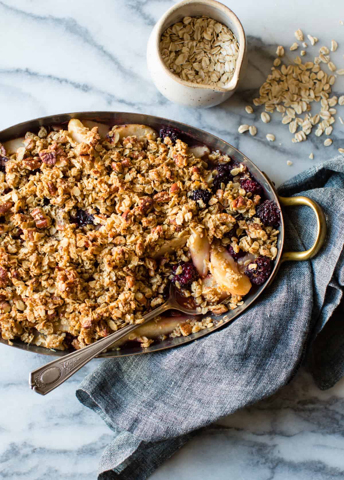 delicious and golden Gluten Free Pear Crisp with Ginger & Blackberries
