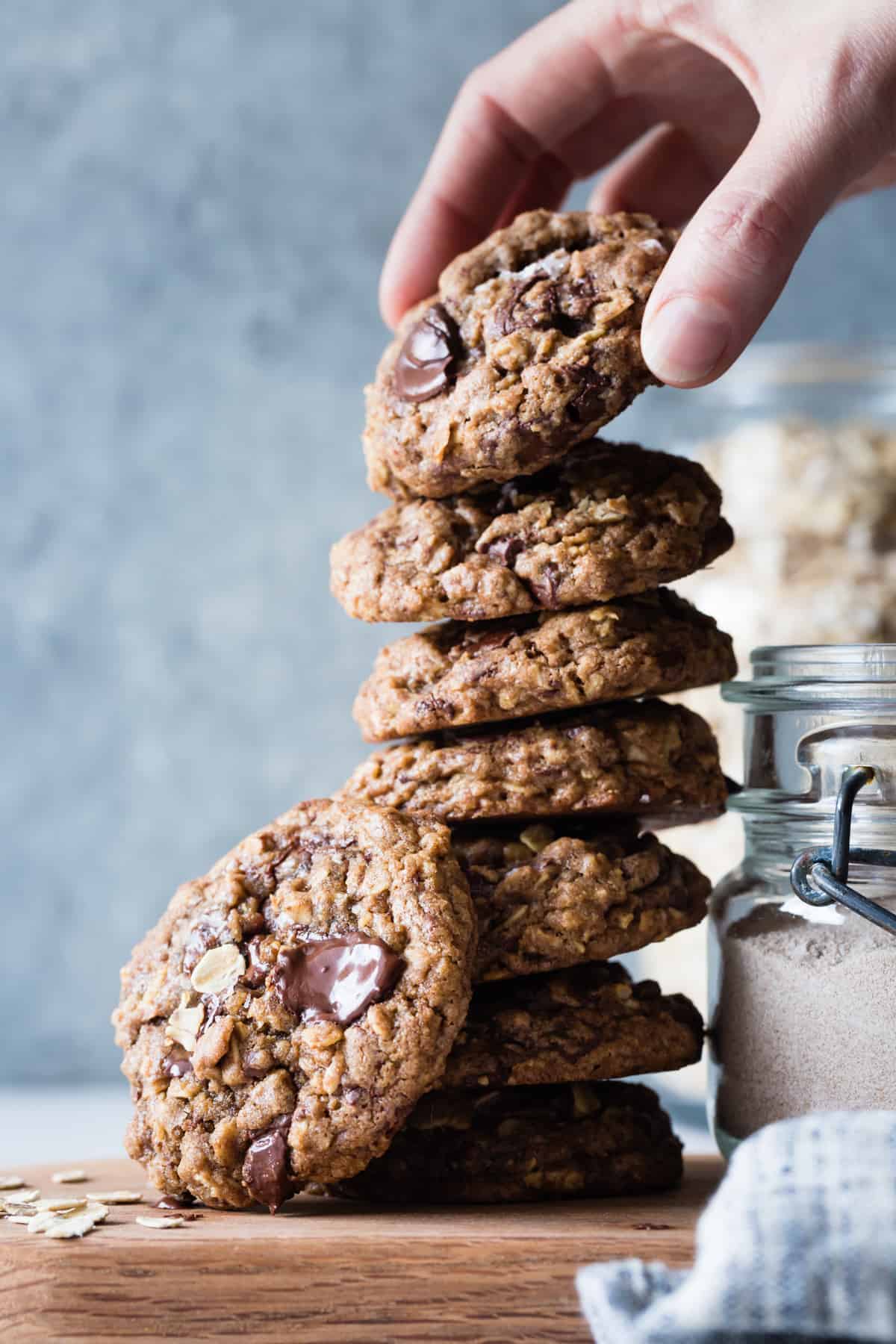 tall stack of Gluten-Free Oatmeal Teff Chocolate Chip Cookies 