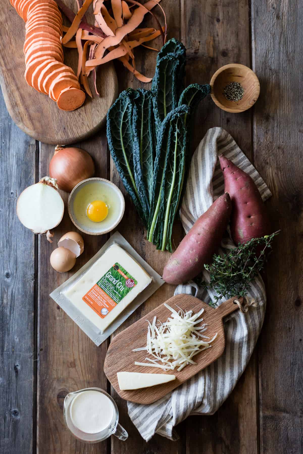 ingredients have been arranged prettily on a rustic wood tabletop