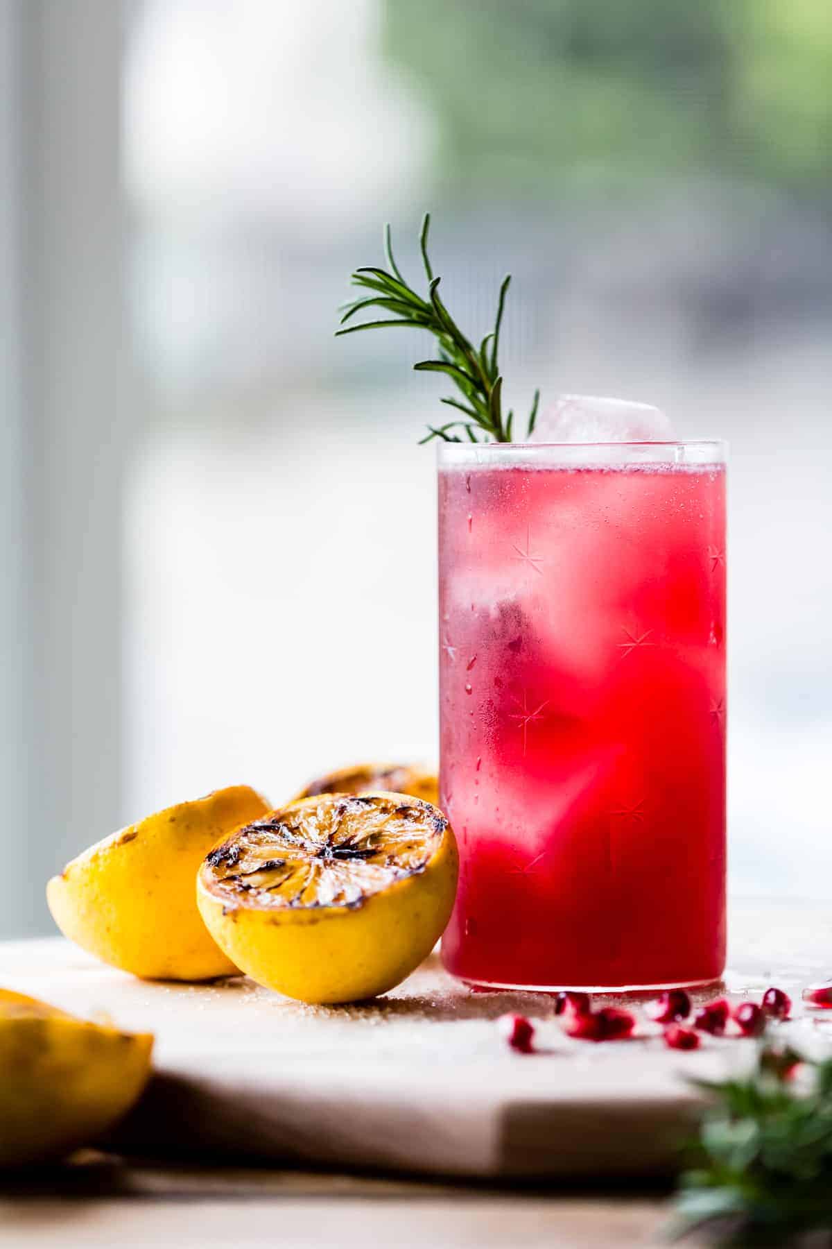 Rosemary, Pomegranate, & Grilled Meyer Lemon Vodka Sparklers