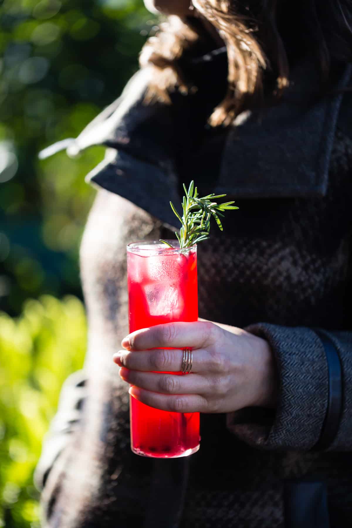 a refreshing glass of Rosemary, Pomegranate, & Grilled Meyer Lemon Vodka Sparklers