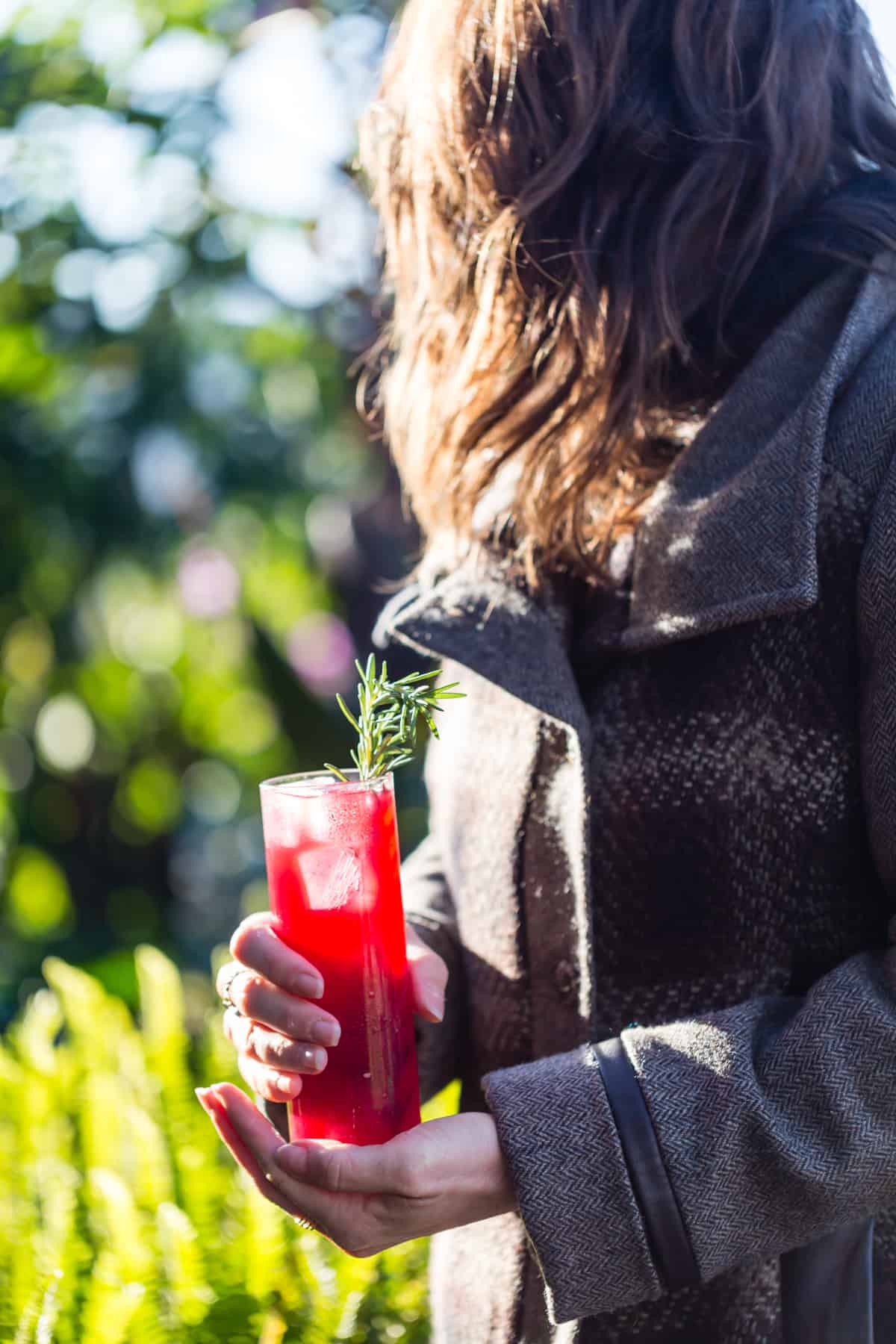 Rosemary, Pomegranate, & Grilled Meyer Lemon Vodka Sparklers in a glass