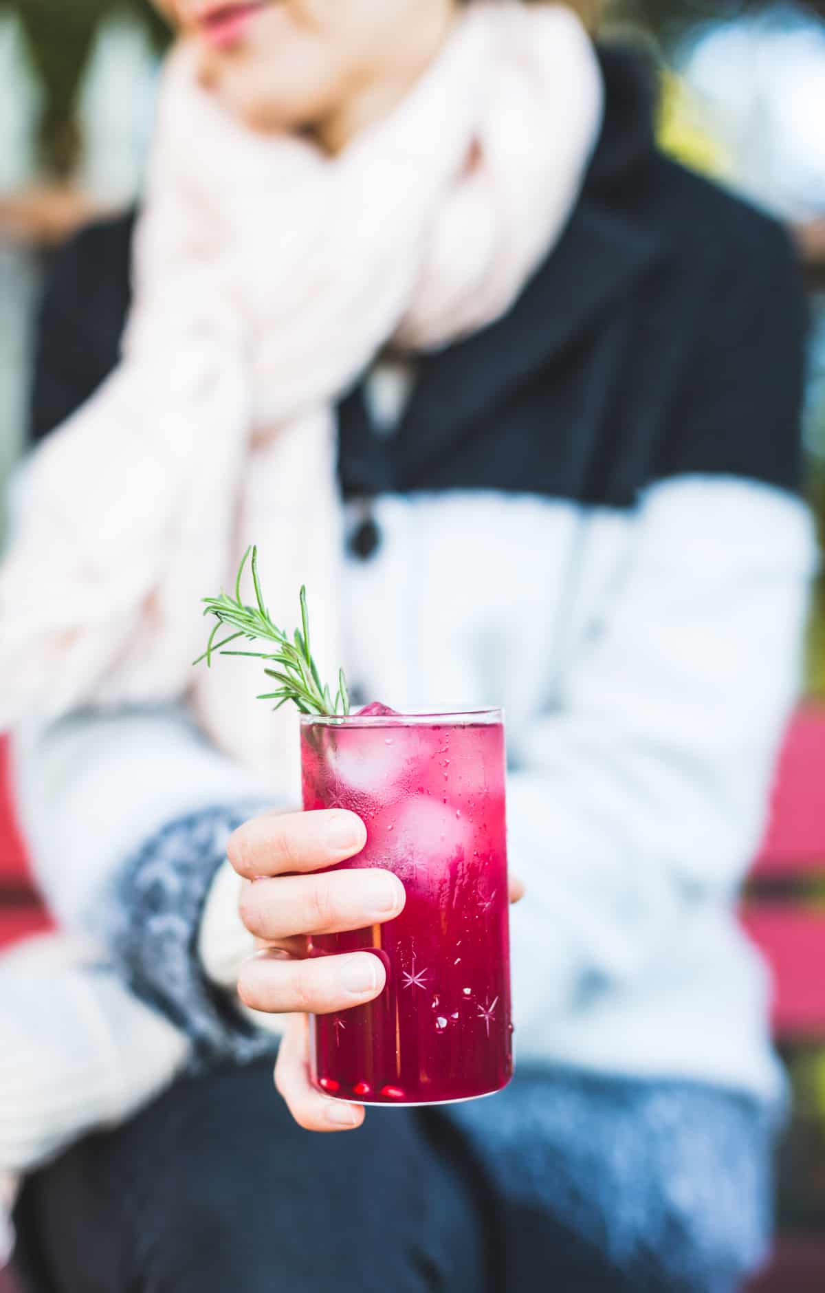 hand holding glass of Rosemary, Pomegranate, & Grilled Meyer Lemon Vodka Sparklers