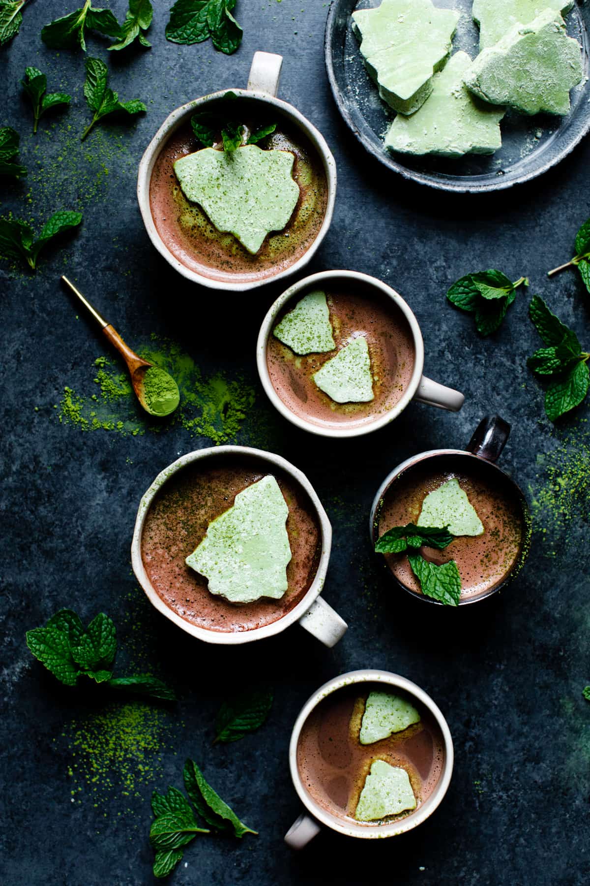 mugs of Fresh Mint Hot Cocoa with Matcha Marshmallows