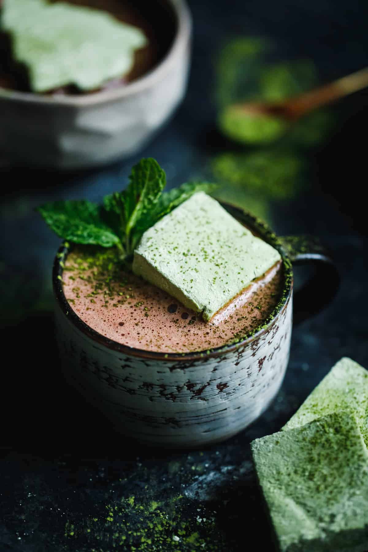 close up of Fresh Mint Hot Cocoa with Matcha Marshmallows