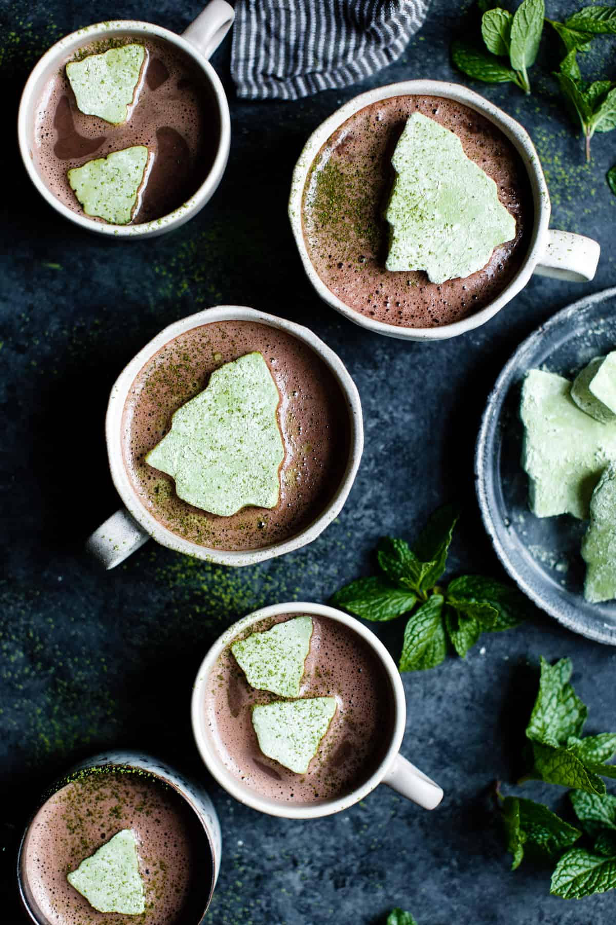 5 mugs of Fresh Mint Hot Cocoa with Matcha Marshmallows