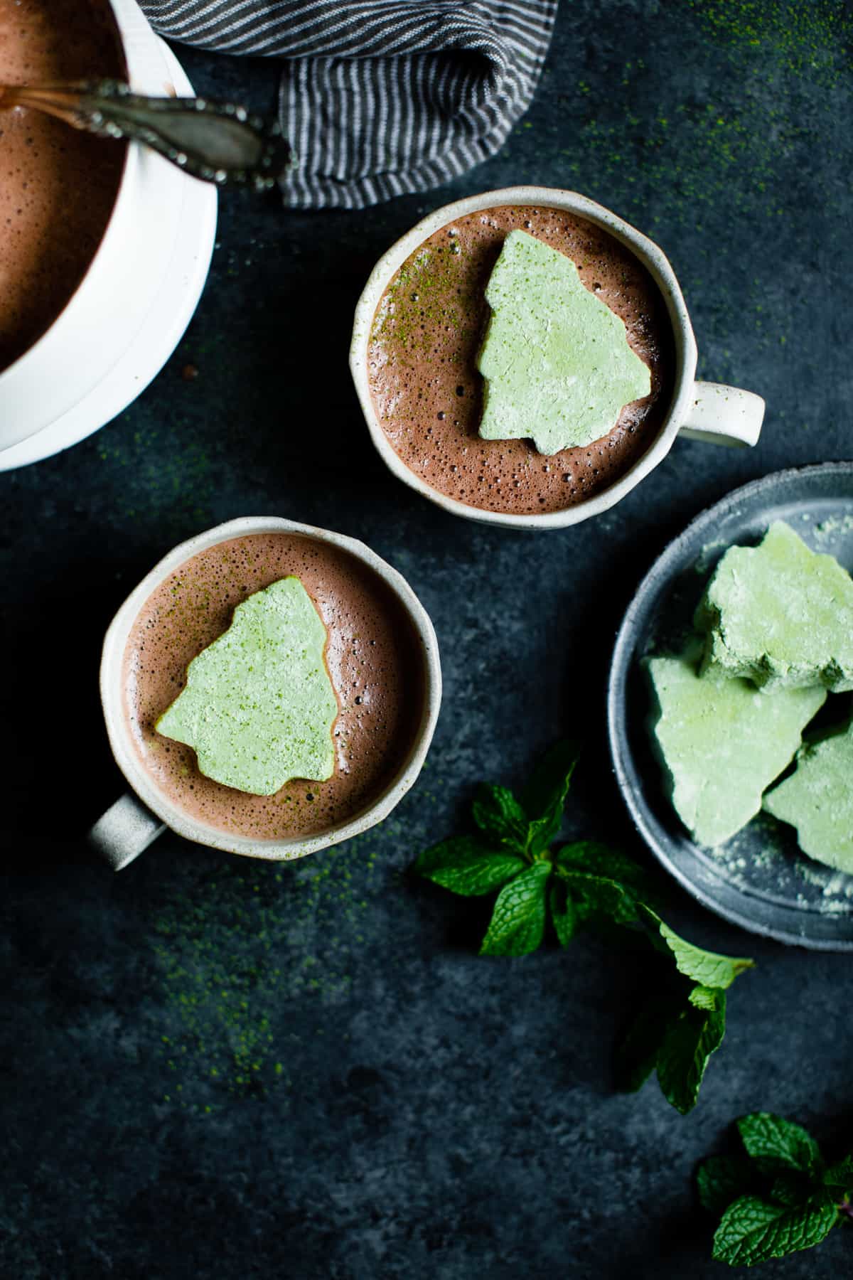 mugs filled with rich Fresh Mint Hot Cocoa with Matcha Marshmallows