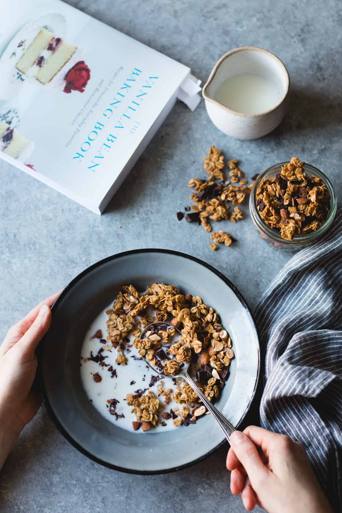 a bowl of Peanut Butter Granola with Cacao Nibs and Bittersweet Chocolate {gluten-free, vegan}