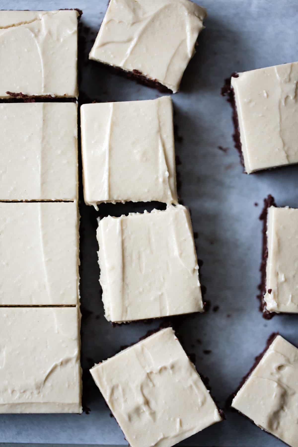 top down shot of Teff Brownies with Salted Tahini Frosting {gluten-free}