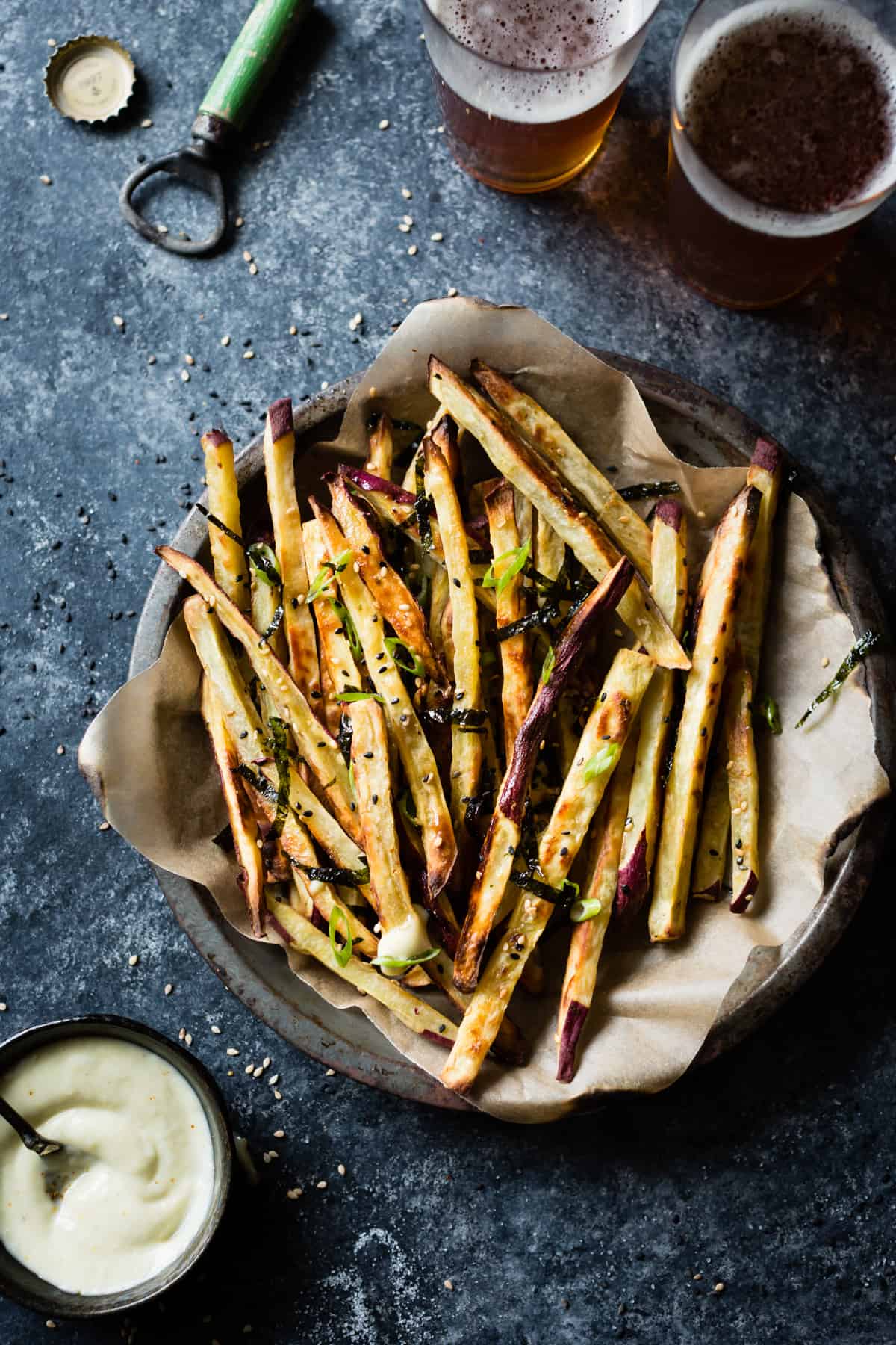 top down shot of Japanese Sweet Potato Oven Fries with Wasabi Aioli