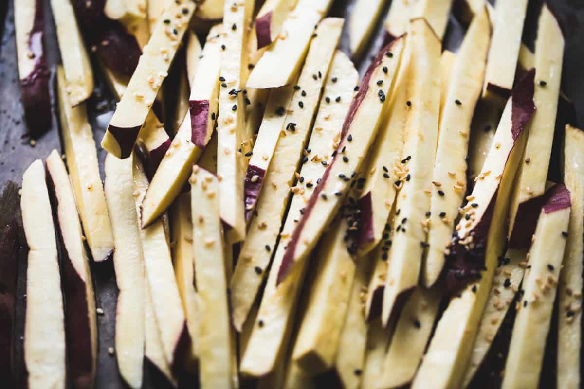 Japanese Sweet Potato Oven Fries with Wasabi Aioli beofre baking 