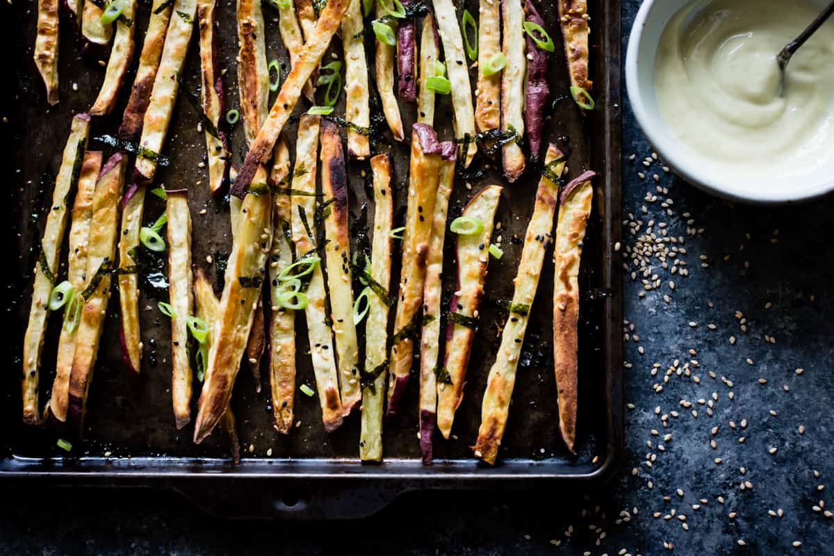 tray of delicious Japanese Sweet Potato Oven Fries with Wasabi Aioli