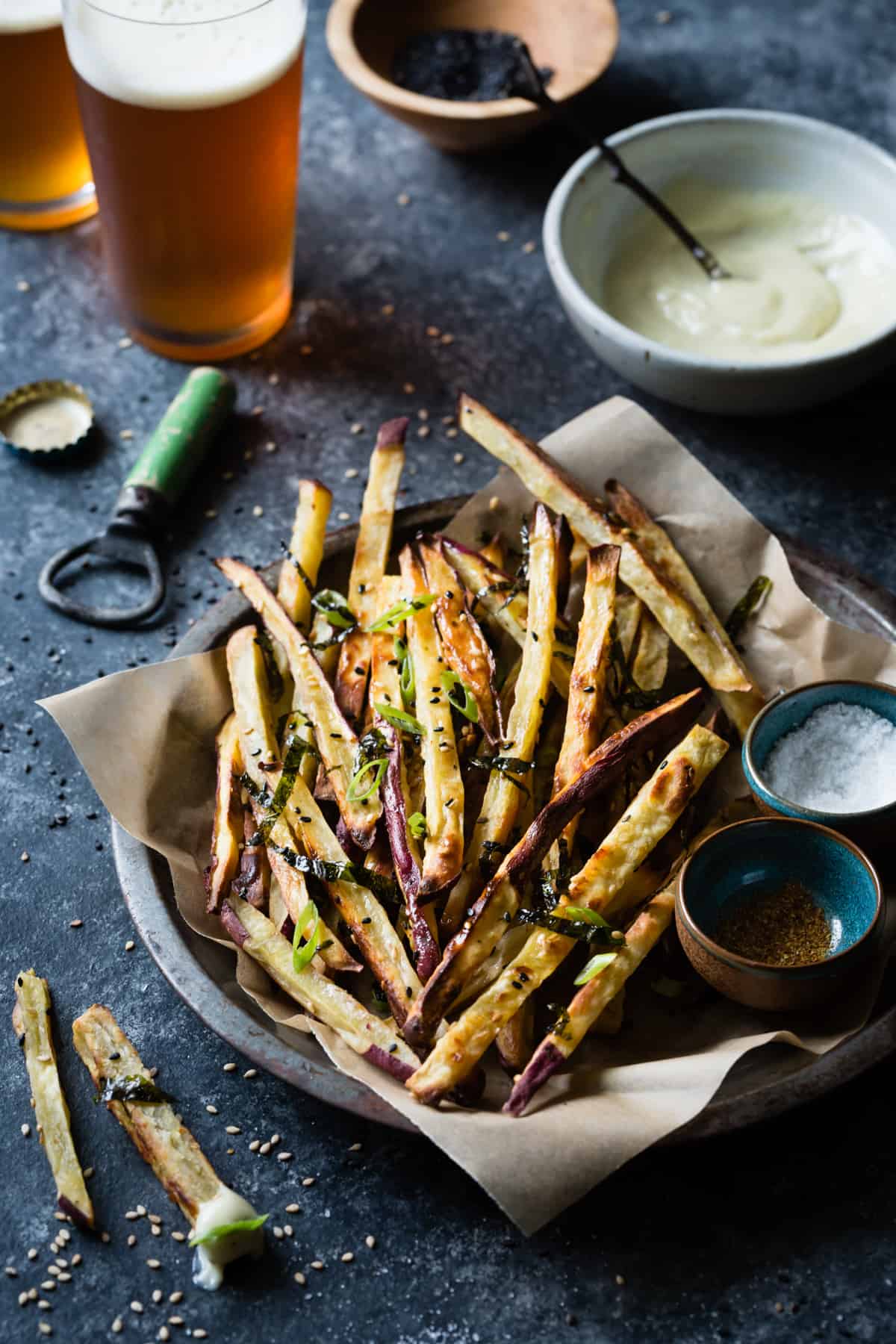 Japanese Sweet Potato Oven Fries with Wasabi Aioli in bowl 