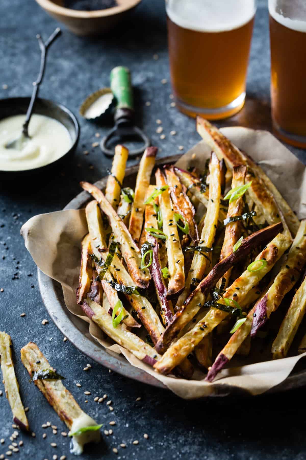 a pile of Japanese Sweet Potato Oven Fries with Wasabi Aioli