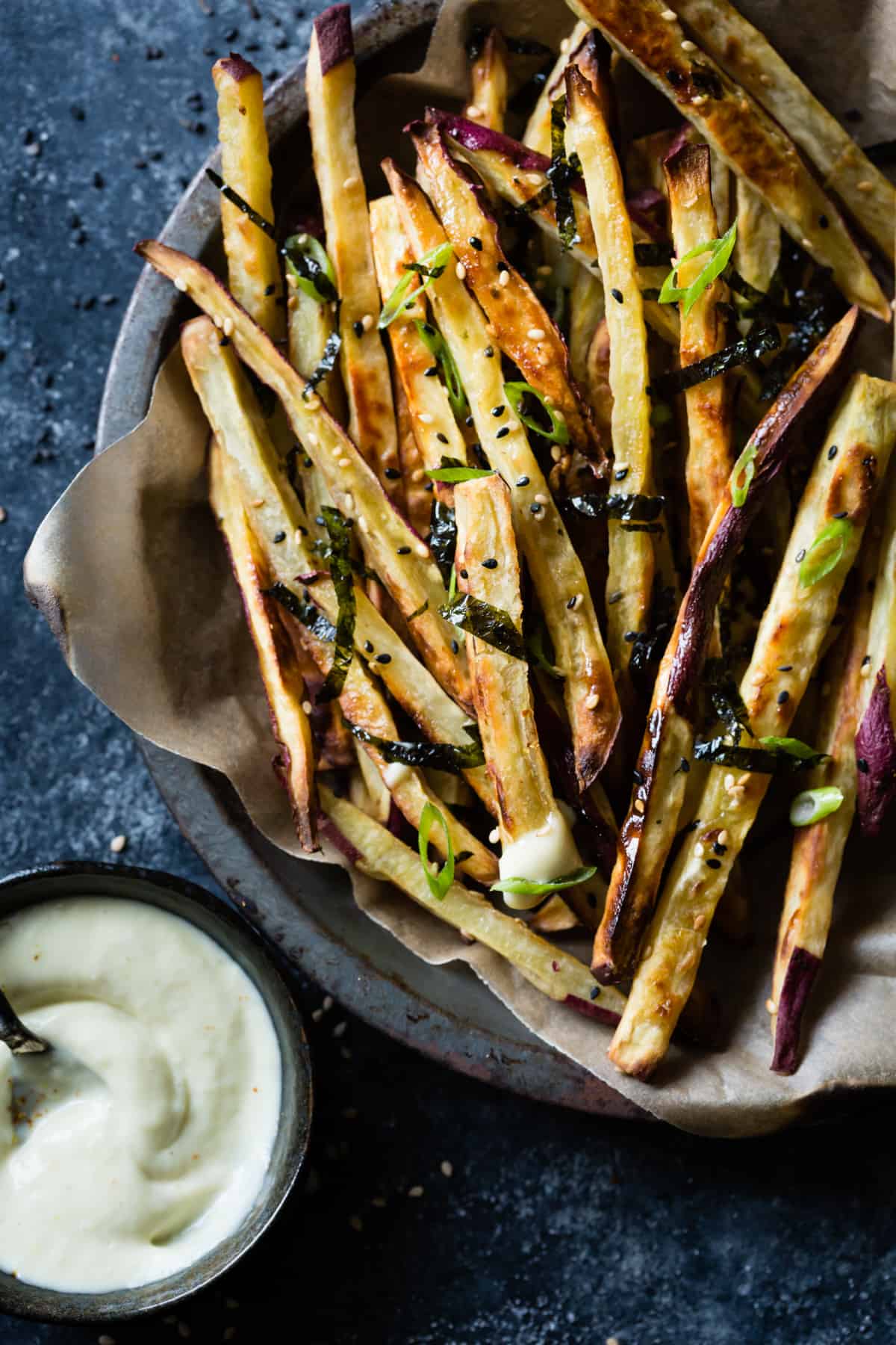 bowl of Japanese Sweet Potato Oven Fries with Wasabi Aioli