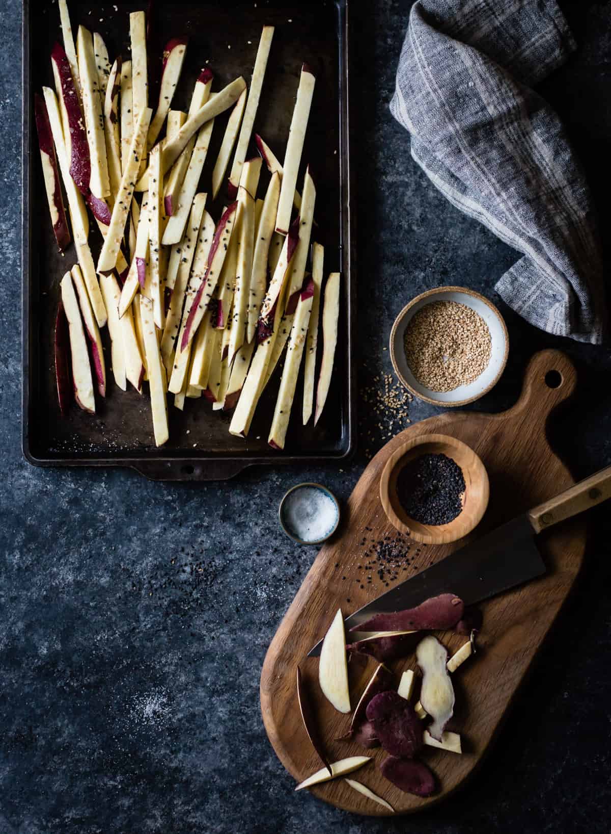 Japanese Sweet Potato Oven Fries with Wasabi Aioli on tray before cooking 