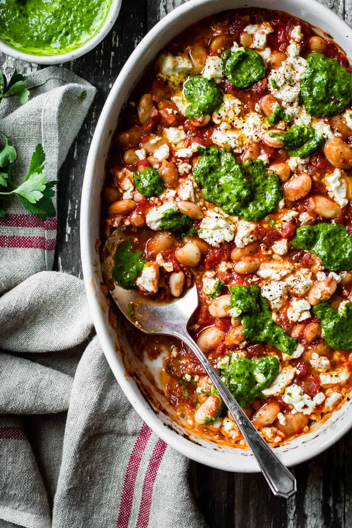 delicious Tomato Baked White Beans with Feta and Lemon Parsley Oil